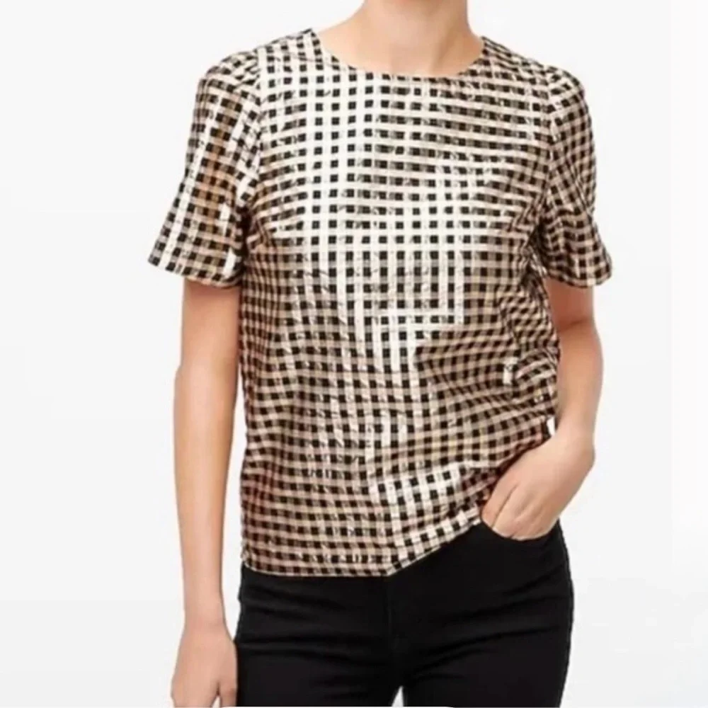 J. Crew Lurex Metallic Gold & Black Plaid Puff Sleeve Top, Size Medium, NWT - Picture 3 of 16